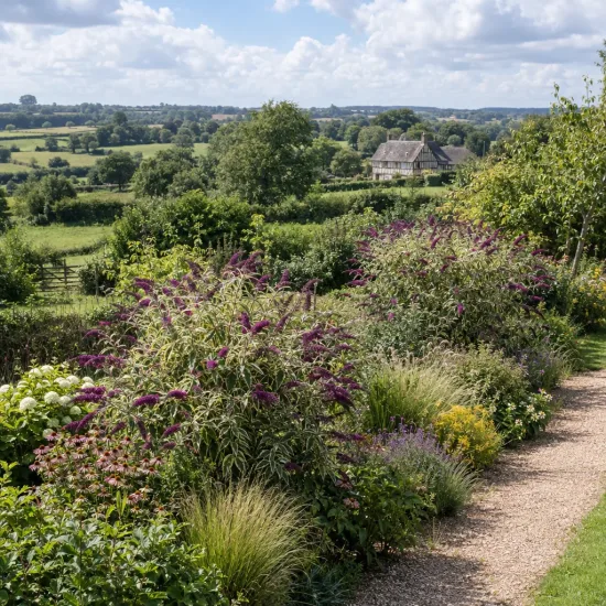 Arbre aux papillons panaché 'Harlequin' (Buddleia davidii) — massif de fleurs colorées le long d'un sentier · Photo d'illustration