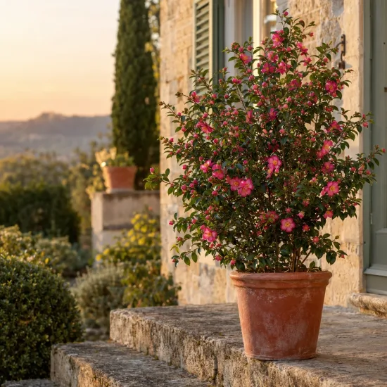 Camelia 'No kaori' — arbuste fleuri en pot sur terrasse en pierre · Photo d'illustration