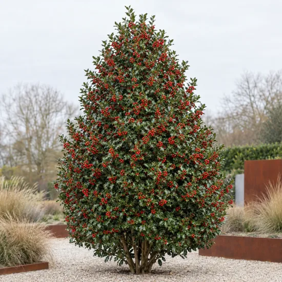 Houx commun 'Nellie ® stevens' (Ilex aquifolium) — arbuste persistant couvert de nombreux fruits rouges · Photo d'illustration