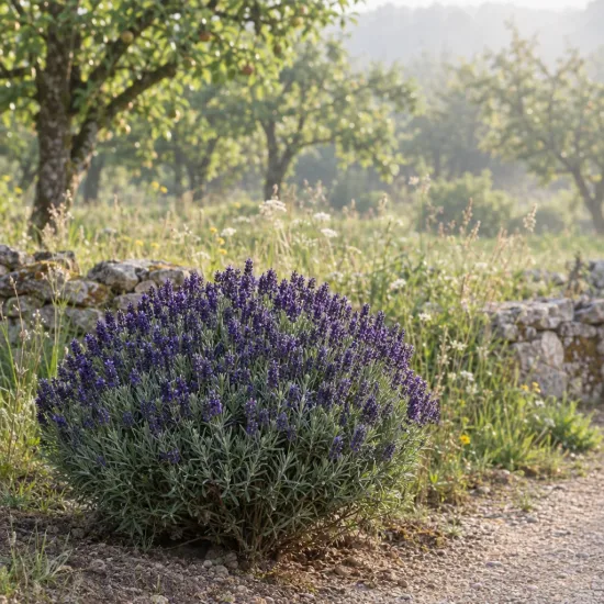 Lavande 'Hidcote' (Lavandula angustifolia) — touffe arrondie de fleurs violettes en bord de chemin · Photo d'illustration