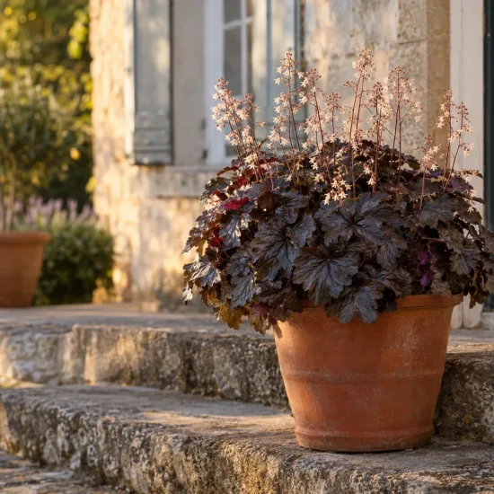 Heuchères 'Caffe expresso' (Heuchera) — plante feuillue en pot sur marches en pierre · Photo d'illustration