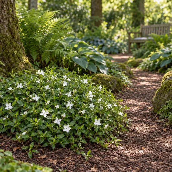 Petite pervenche 'Alba' (Vinca minor) — massif de petites fleurs blanches en sous-bois · Photo d'illustration