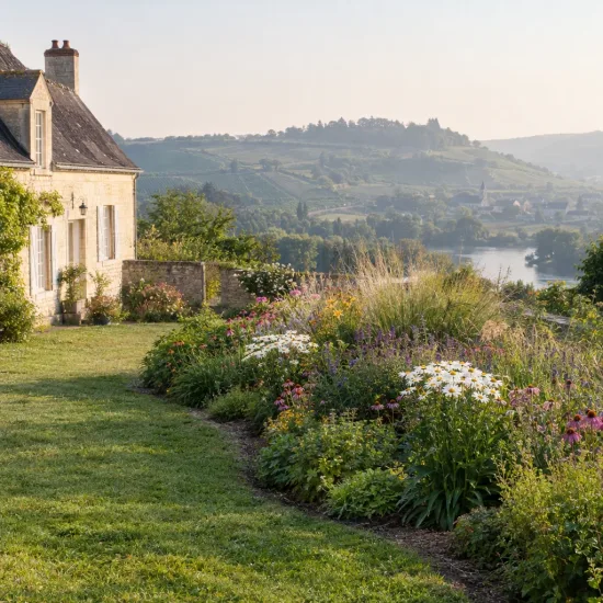 Marguerites 'Alaska' (Leucanthemum superbum) — massif fleuri au bord d’une maison en pierre · Photo d'illustration