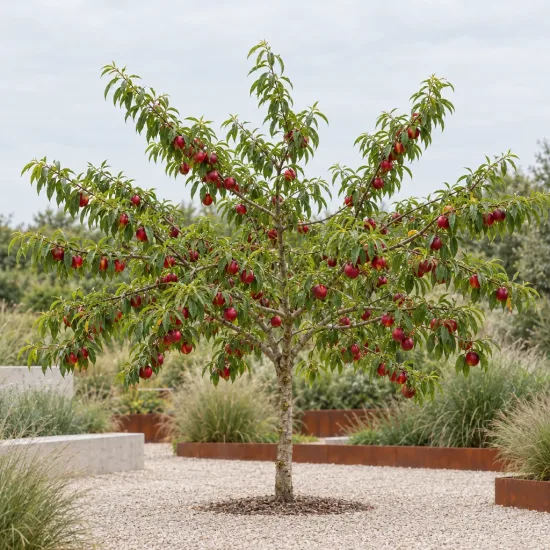 Nectarinier 'Morton' (Prunus persica) — arbre fruitier au port étalé, fruits rouges nombreux
