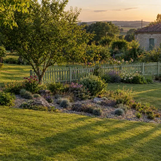 Fétuque bleu 'Festina blue' (Festuca glauca) — massif de vivaces fleuries dans grand jardin rural · Photo d'illustration