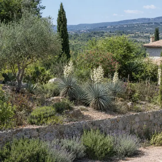 Yucca 'Katana' — massif méditerranéen en terrasse avec plantes graphiques