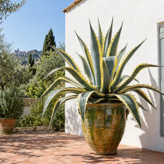 Agave d'amérique panaché jaune 'Marginata' (Agave americana) — grand agave décoratif dans un pot vernissé · Photo d'illustration