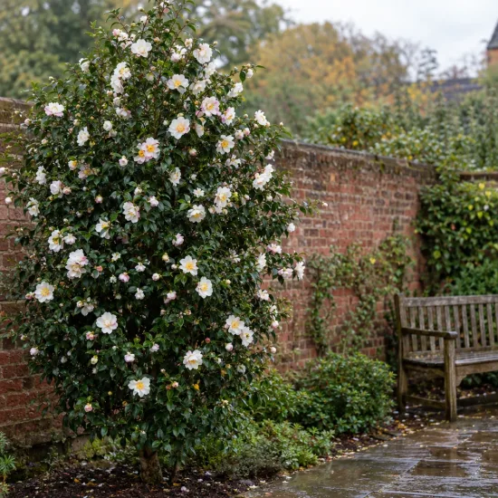 Camélia d'automne 'Orcival blanc' (Camellia sasanqua) — grand arbuste fleuri près d’un muret en brique · Photo d'illustration