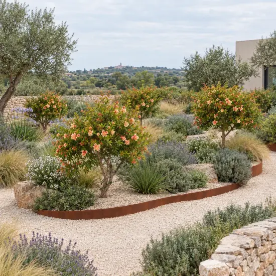 Grenadier à fleurs 'California sunset' (Punica granatum) — arbustes fleuris dans massif minéral méditerranéen