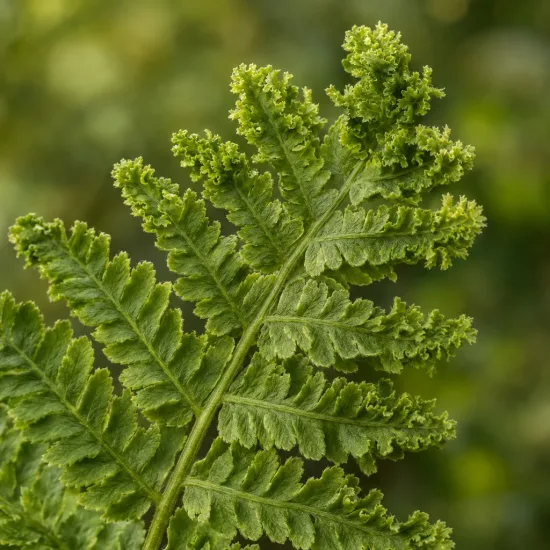Fougère mâle 'Crispa cristata' (Dryopteris) — gros plan sur frondes gaufrées vertes
