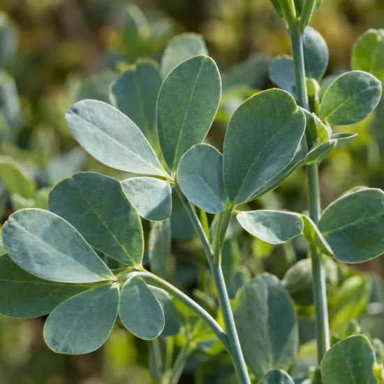 Lupin indigo 'Caspianblue' (Baptisia australis) — gros plan sur feuillage composé vert bleuté · Photo d'illustration