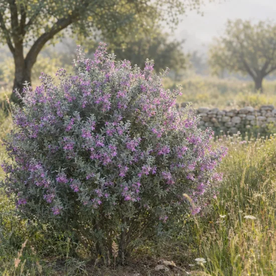 Sauge du désert (Leucophyllum frutescens) — arbuste arrondi couvert de petites fleurs violettes · Photo d'illustration