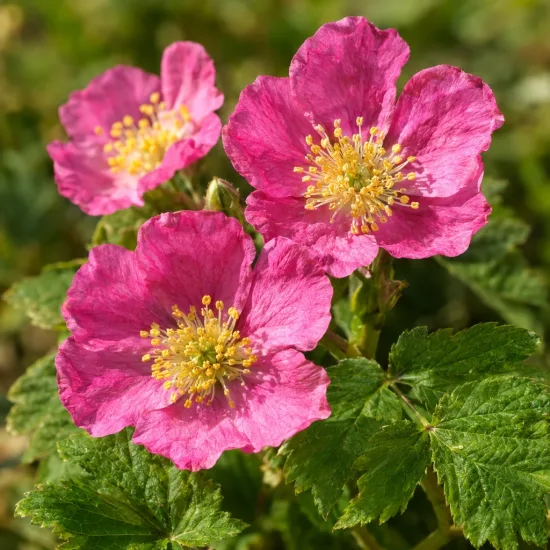 Framboisier nain arctique 'Sofia' (Rubus arcticus) — trois fleurs roses ouvertes avec feuillage vert · Photo d'illustration