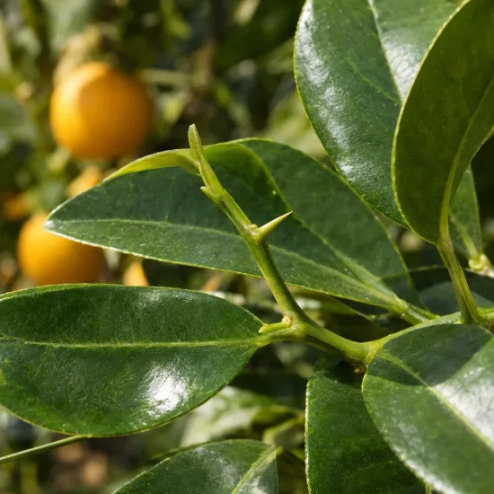 Oranger 'Arancio' (Citrus sinensis) — rameau épineux avec feuilles vernissées et fruits flous · Photo d'illustration