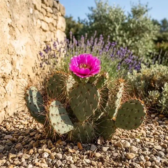 Figuier de barbarie 'Rutila' (Opuntia polyacantha) — cactus épineux en fleur dans massif de graviers