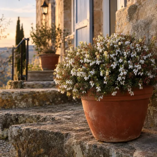 Bruyère d'hiver blanche 'Silbershmelze' (Erica × darleyensis) — pot en terre cuite sur marches en pierre · Photo d'illustration