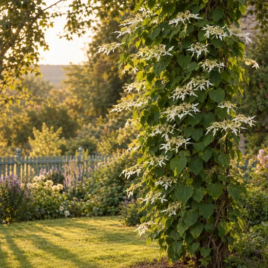 Hortensia grimpant du japon 'Windmills' (Schizophragma integrifolia) — grimpante fleurie couvrant un tronc dans jardin · Photo d'illustration