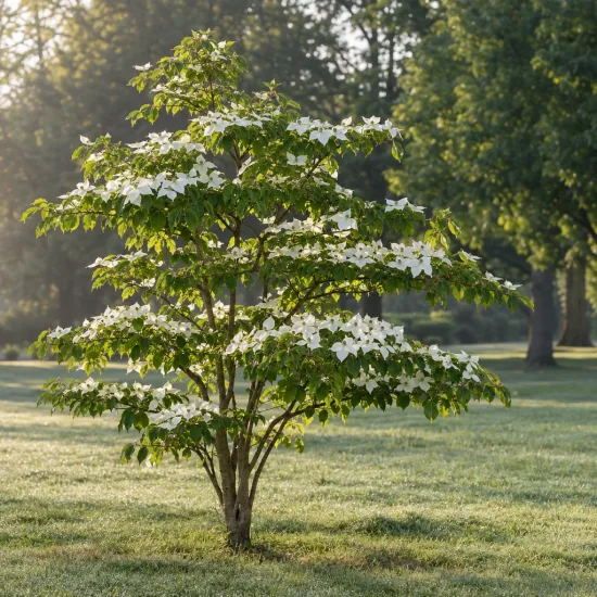 Cornouiller du japon 'Great star' (Cornus kousa) — petit arbre fleuri isolé sur pelouse · Photo d'illustration