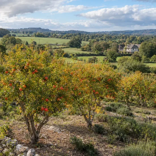 Grand grenadier à fruit 'Provence' (Punica granatum) — arbres fruitiers sur colline, campagne en arrière-plan · Photo d'illustration