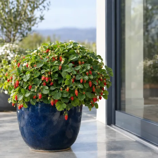 Fraisier des bois remontant 'Rügen' (Fragaria vesca) — plante touffue en pot bleu, fruits rouges · Photo d'illustration