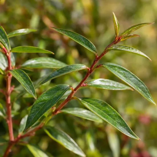 Fushia (Fuchsia hatschbachii) — rameau aux feuilles étroites vertes, gros plan · Photo d'illustration