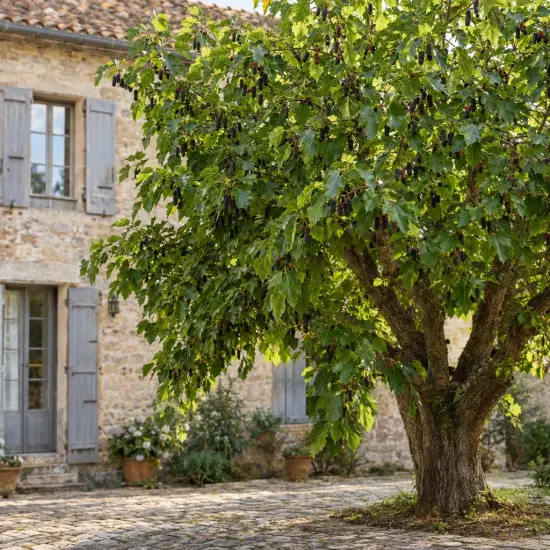 Mûrier blanc 'Giant fruit' (Morus alba) — grand arbre fruitier devant maison en pierre