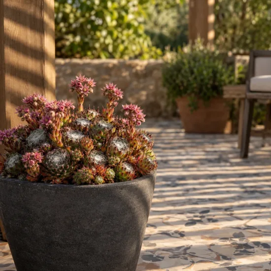 Joubarbe 'Sirius' (Sempervivum) — succulente en pot sur terrasse ensoleillée · Photo d'illustration