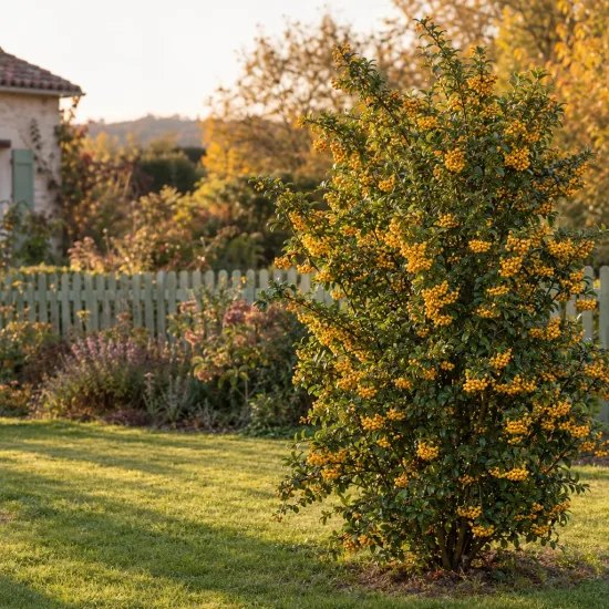 Buisson ardent jaune 'Golden glow' (Pyracantha coccinea) — grand arbuste couvert de baies jaunes dans un jardin