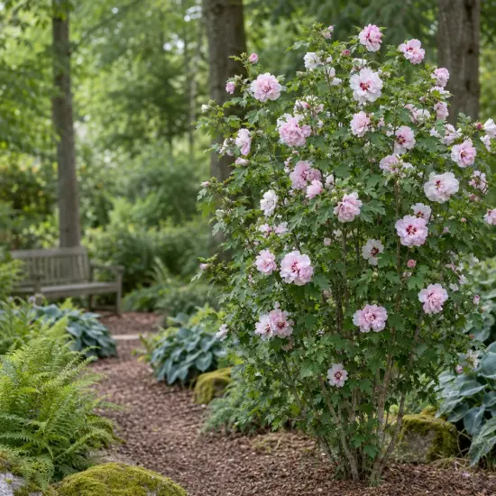 Althéa 'French cabaret pastel' (Hibiscus syriacus) — arbuste fleuri aux grandes fleurs roses doubles
