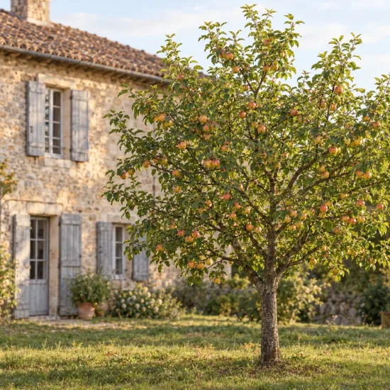 Pommier 'Belle fille de salins' (Malus domestica) — arbre fruitier chargé de pommes devant maison