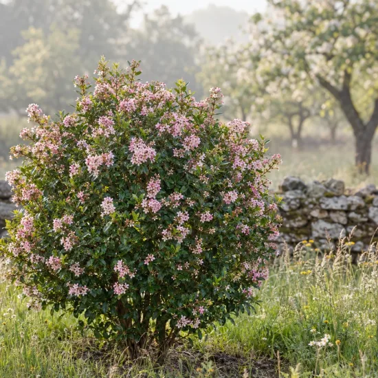 Escallonia 'Apple blossom' — arbuste arrondi couvert de petites fleurs roses · Photo d'illustration