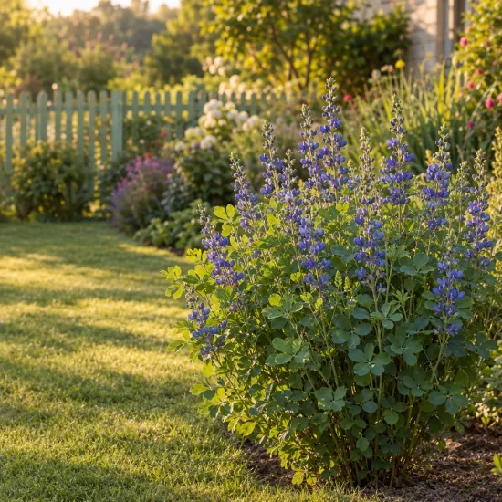Lupin indigo 'Caspianblue' (Baptisia australis) — touffe florale bleue au premier plan d’un jardin · Photo d'illustration