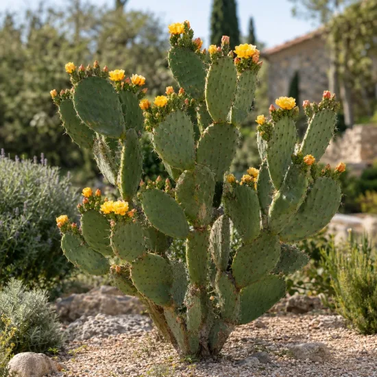 Figuier de barbarie 'Große von aldingen' (Opuntia) — cactus dressé aux fleurs jaunes dans un jardin