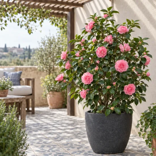Camélia du japon 'King's ransom rose' (Camellia japonica) — arbuste à fleurs roses en pot sur terrasse