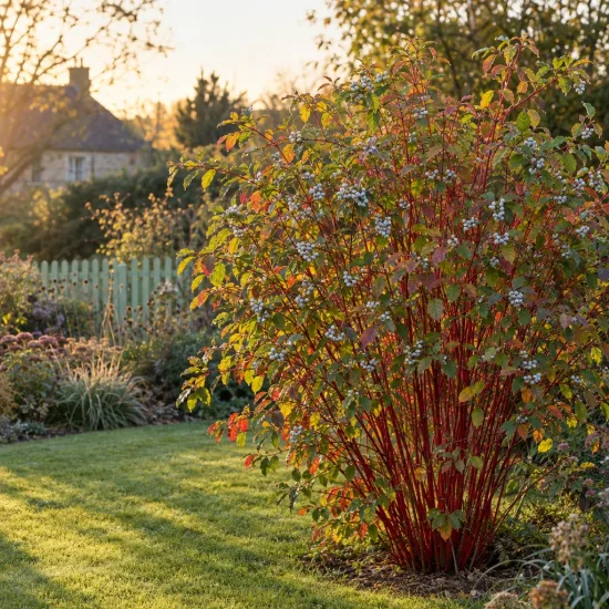 Cornouiller stolonifère 'Cardinal' (Cornus sericea) — arbuste aux tiges rouges et baies claires au jardin · Photo d'illustration