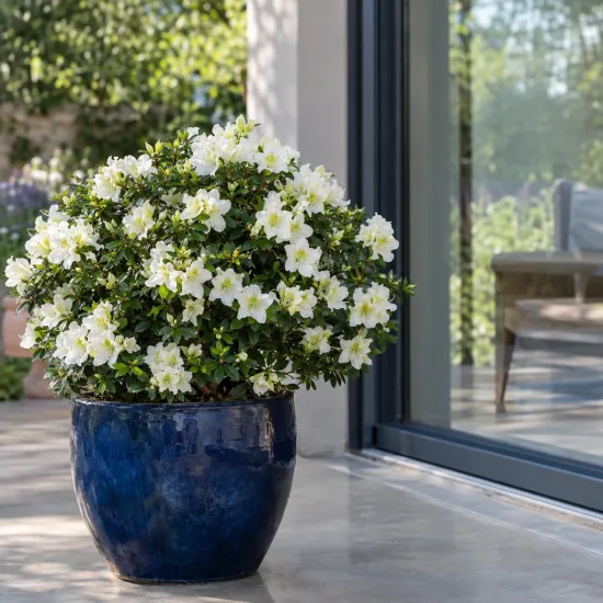 Azalée japonaise 'Olga niblett blanc' (Azalea japonica) — arbuste fleuri en pot près d’une baie vitrée · Photo d'illustration