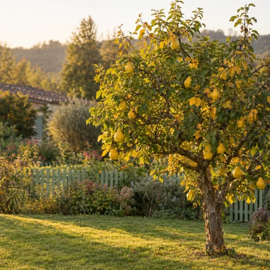 Cognassier ba29 'Provence ba29' (Cydonia oblonga) — arbre fruitier chargé de gros fruits jaunes · Photo d'illustration