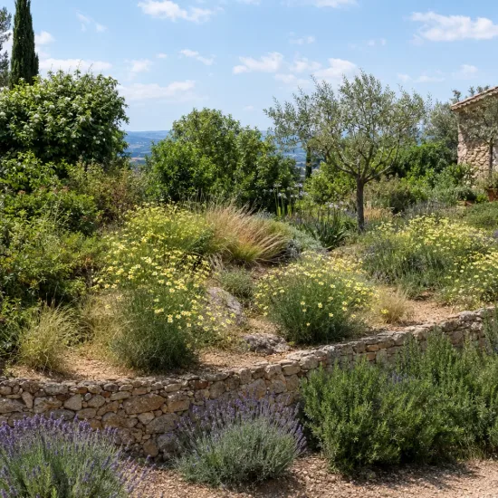 Coreopsis 'Moonbean' (Coreopsis verticillata) — massif de vivaces jaunes dans jardin sec · Photo d'illustration