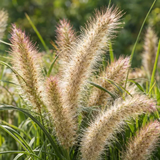 Herbe aux écouvillons 'Compressum' (Pennisetum alopecuroides) — épis plumeux dressés au-dessus de feuilles fines