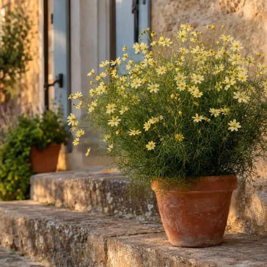 Coreopsis 'Moonbean' (Coreopsis verticillata) — plante fleurie en pot sur marches en pierre · Photo d'illustration