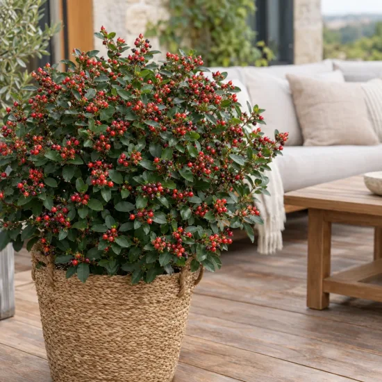 Millepertuis arbustif 'Kolmaref' (Hypericum inodorum) — arbuste en pot tressé sur terrasse en bois · Photo d'illustration