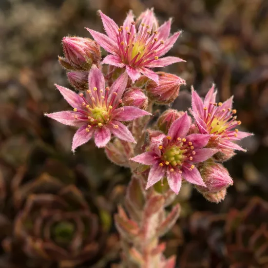 Joubarbe à rosette couleur chocolat 'Chocolate kiss' (Sempervivum) — tiges florales avec petites fleurs étoilées roses · Photo d'illustration