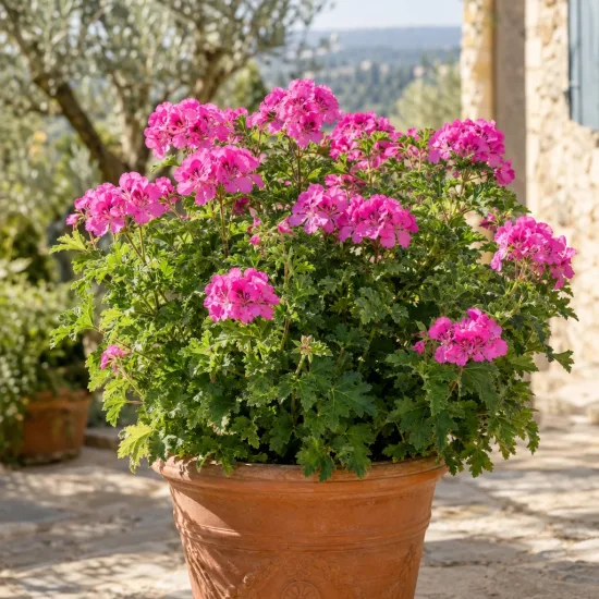 Géranium au parfum de cèdre et d'épice 'Clorinda' (Pelargonium) — plante fleurie en pot en terre cuite, extérieur · Photo d'illustration