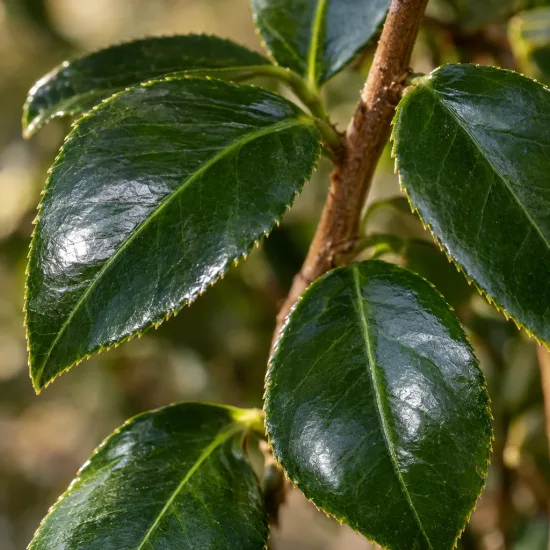 Camelia 'Inspiration' (Camelia japonica) — gros plan sur feuilles vertes brillantes · Photo d'illustration