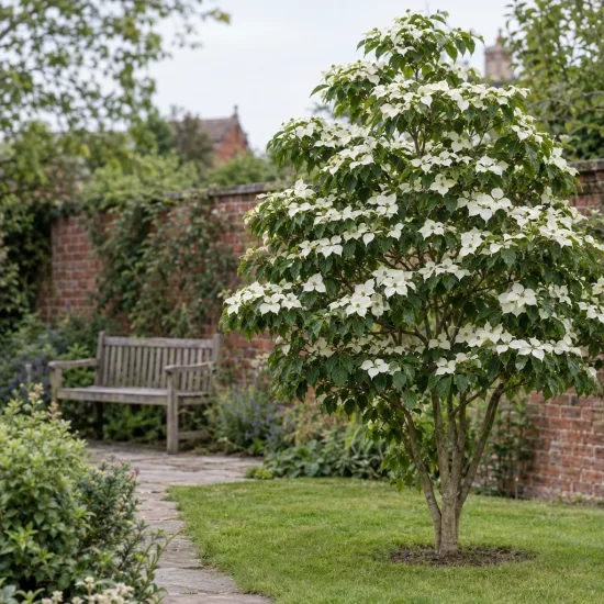 Cornouiller du japon 'Nicole' (Cornus kousa) — arbre ornemental fleuri dans un jardin · Photo d'illustration