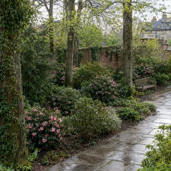 Camélia du japon 'Eldorado rose' (Camellia japonica) — massifs d'arbustes fleuris le long d'une allée · Photo d'illustration