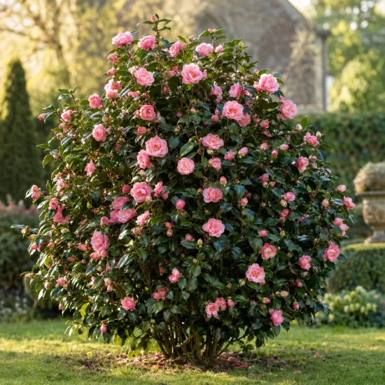 Camélia 'Debbie rose' (Camellia williamsii) — grand arbuste dense couvert de fleurs roses · Photo d'illustration