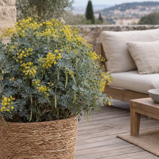 Coronilla (Coronilla glauca) — arbuste fleuri en pot tressé sur terrasse · Photo d'illustration