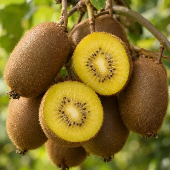 Kiwi 'Femelle' (Actinidia) — grappes de fruits à chair jaune coupés