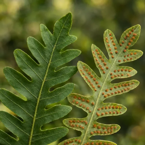 Polypode commun (Polypodium vulgare) — gros plan de frondes avec sores orangés